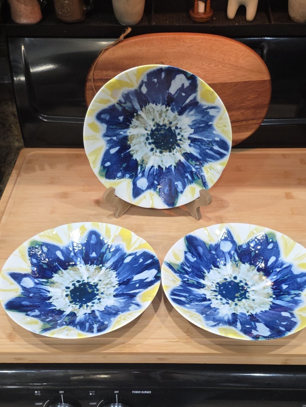 Anthropologie Blue and Yellow Floral Ceramic Plate Trio